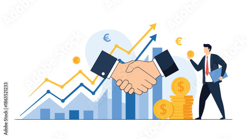 Businessman celebrates a successful financial partnership, with a handshake icon over growing charts and stacks of money.