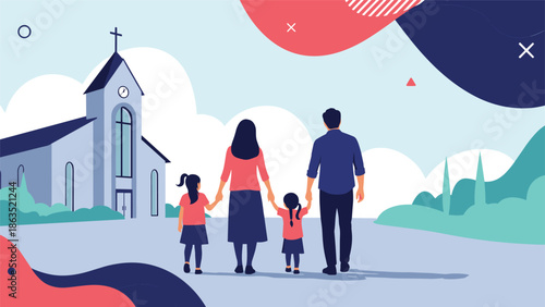 Family with two daughters holds hands while walking towards a church, illustrating faith, community, and family values.