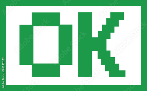 Pixelated green OK symbol on white background with green border OK symbol pixel green