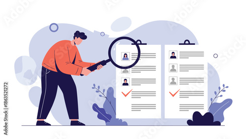Human resources manager uses a magnifying glass to carefully review and analyze candidate resumes for a job opening.
