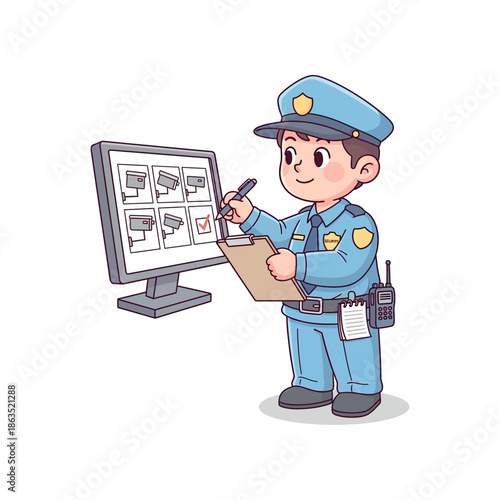 Security guard reviews surveillance footage on computer monitor with checklist.