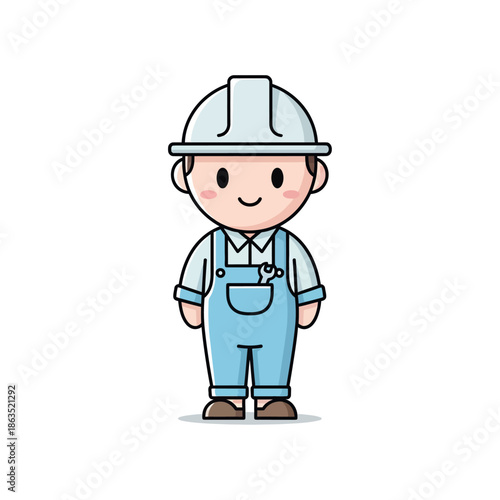 A smiling cartoon worker in a blue jumpsuit and hard hat stands confidently.