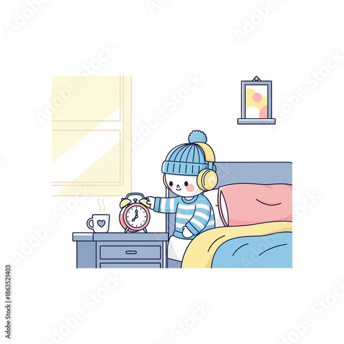 A child in winter clothes turning off an alarm clock on a bedside table.
