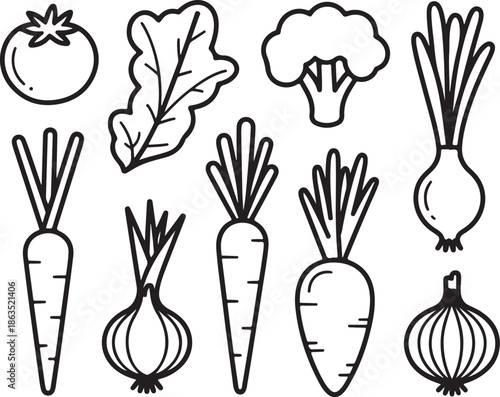A black and white illustration of various vegetables and a tomato
