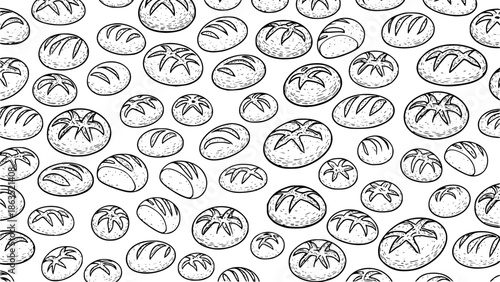 Hand-drawn style Artisan Sourdough Bread Pattern Background Vector. Rustic Loaves and Crusty Buns in Vintage Monochrome Sketch Drawing Illustration for Homemade, Organic Bakery Packaging
