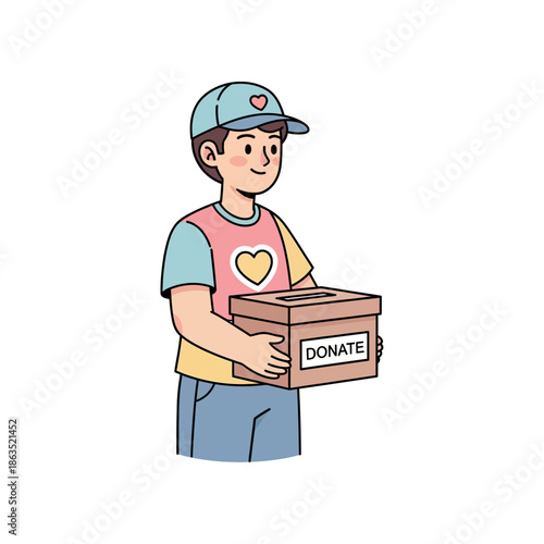 A smiling young man holding a donation box with a warm heart on his shirt.