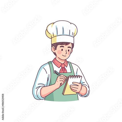 A chef in a white hat writes in a notebook with a pen.