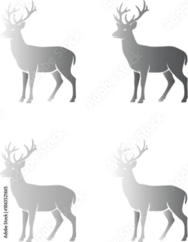 Four majestic deer silhouettes with elaborate antlers standing elegantly isolated on transparent background, Vector