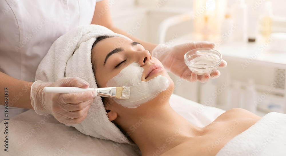 Naklejka premium Professional Esthetician Applying Rejuvenating Facial Mask to Young Woman in Beauty Spa for Skincare and Wellness Treatment