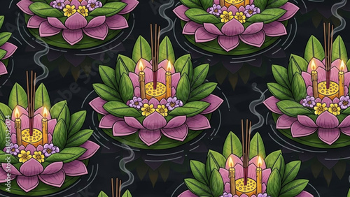 Vibrant pink lotus flowers with green leaves and lit candles on floating bowls with incense sticks on a dark background, creating a peaceful and spiritual ambiance