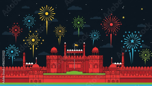 Vibrant illustration of red fort with colorful fireworks exploding in night sky during festive celebration in india, new delhi with architecture
