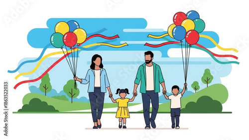 A happy family of four holding colorful balloons and walking together in a park on a sunny day with trees and blue sky in the background with outdoor leisure