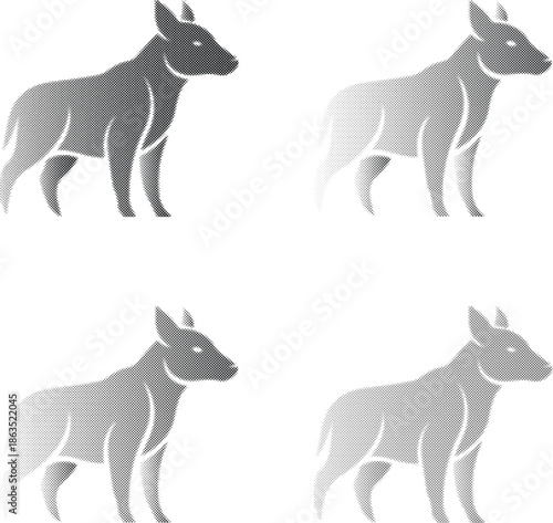 Stylized pixelated wild boar illustrations in varying shades of gray on a white background, presented in a grid isolated on transparent background, Vector