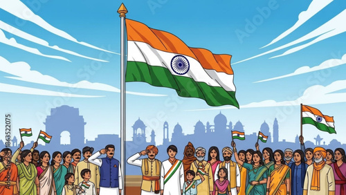 A large group of diverse people celebrating and saluting the indian flag on a sunny day with a blue sky and white clouds in the background of a cityscape
