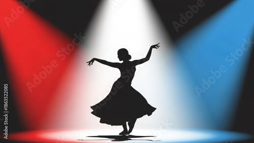 Silhouette of a woman dancing under colorful spotlights on a stage with red, white and blue beams, performing a graceful movement with her arms outstretched and dress