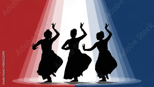 Three silhouetted women dancing in traditional indian attire on a stage with red, white, and blue spotlight beams, performing a choreographed dance routine