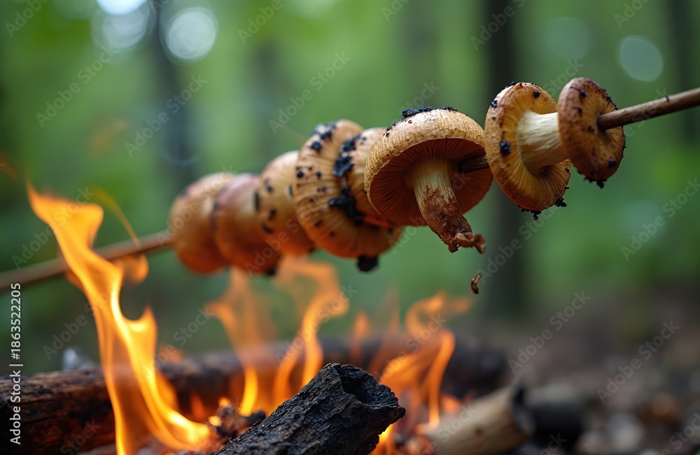 Fototapeta premium Mushrooms on stick cook over campfire flames in forest. Close up view of food roasting on open fire. Nature outdoor cooking preparing fresh wild food on embers.