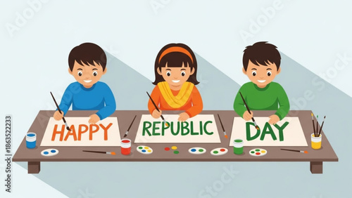 Three children painting happy republic day on colorful papers with brushes and paints on a table with kids art and colorful celebration and festive activity
