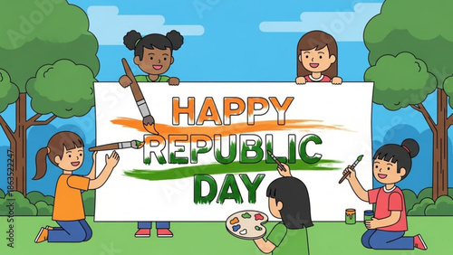 Children painting happy republic day banner in park with trees and blue sky with kids illustration and park scene and colorful banner and festive celebration
