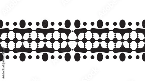 A black and white geometric pattern design featuring abstract shapes and lines in a repeating sequence.
