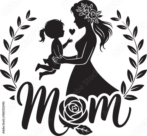 A loving mother holding her little daughter in a beautiful floral design