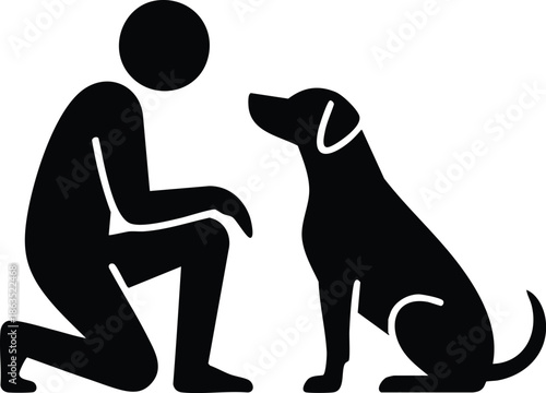 The Bond Between Human and Canine Silhouette, Man and Dog Interaction Icon, Silhouette of a Person Kneeling Before a Dog, silhouette, illustration, vector.