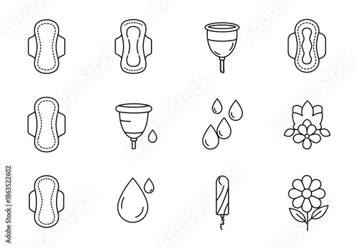Twelve blackandwhite icons related to menstrual hygiene products and flow
