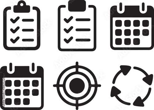 A set of black icons representing organization and planning tools