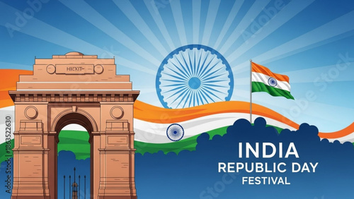 India republic day festival celebration with gateway of india and indian flag, symbolizing national pride and patriotism on a sunny day with monument