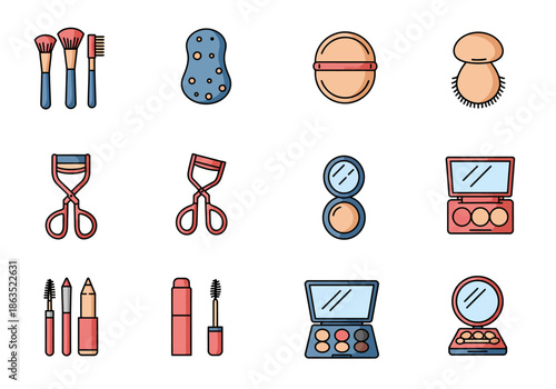 Twelve icons depicting various makeup tools and cosmetics arranged in three rows