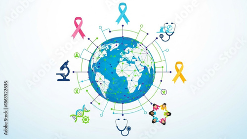 Global health awareness concept with earth surrounded by medical symbols and ribbons representing various diseases and healthcare elements with disease prevention