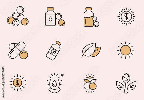Twelve lineart icons related to supplements nature and health arranged in a grid