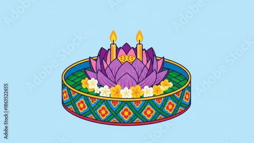 Vibrant krathong with purple lotus flowers and lit candles on decorative tray with yellow and white blossoms floating on serene light blue water for loy krathong festival