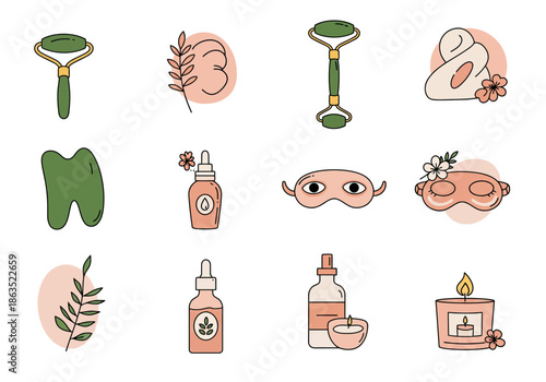 Twelve minimalist spa and beauty icons featuring jade rollers serums eye masks and candles