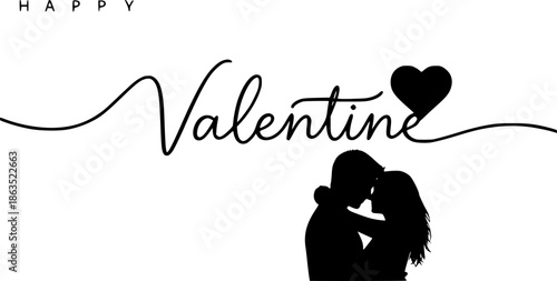 Happy valentines day romantic couple silhouette illustration with script text and heart symbol.