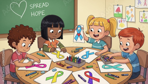 Diverse children sitting at a table drawing colorful awareness ribbons in a classroom with a green chalkboard and posters on the wall, spreading hope and support