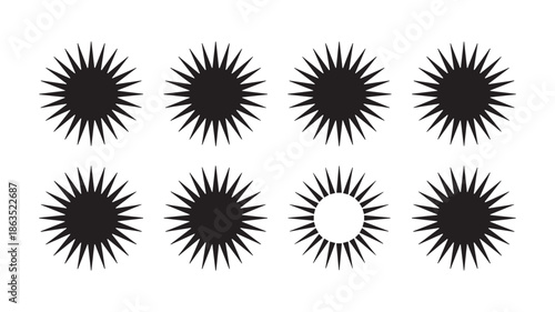 A collection of black and white sunburst illustrations on a plain white background