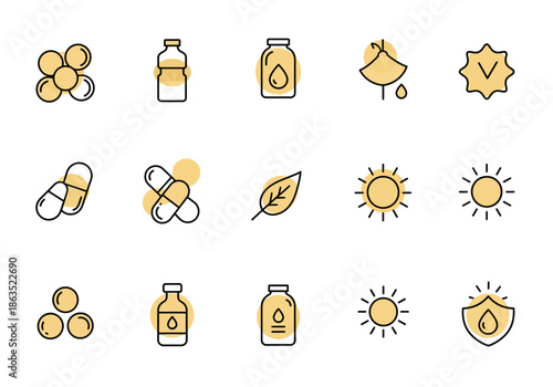 A 3x5 grid of blackoutlined icons with pale yellow fill accents