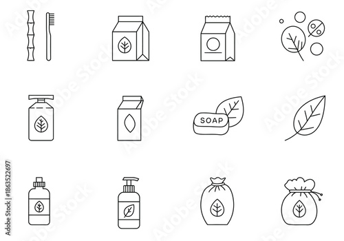 A 12icon grid featuring line art of bamboo toothbrushes packaged goods soap and leaves