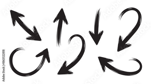 A collection of black abstract arrows in various directions on a white background