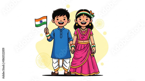 Happy indian children in traditional clothing holding flag, boy and girl in ethnic wear smiling, cultural celebration, patriotic kids, india