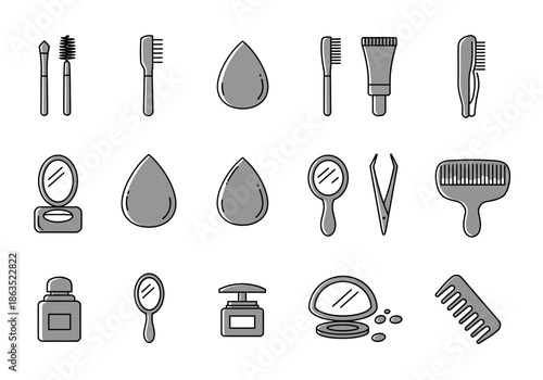 A grid of 17 grayscale icons depicting various makeup and grooming tools