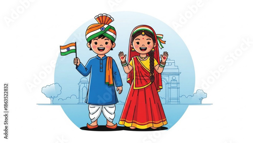 Indian children in traditional clothing celebrating with flag, boy and girl in cultural dress, republic day, independence day, india gate background