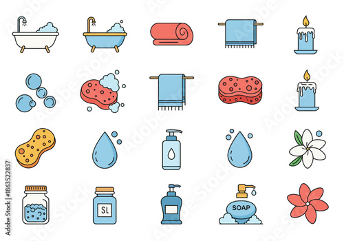 A grid of 20 flatstyle icons depicting various bathroom and spa items