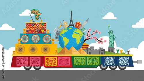 Vibrant cultural parade float with iconic landmarks and global symbols on a colorful truck with ornate patterns, set against a bright blue sky with fluffy white clouds