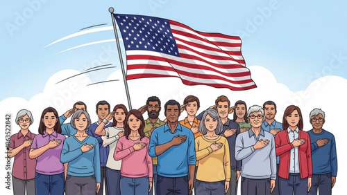 Diverse group of people standing together with hands on hearts under waving american flag in blue sky with clouds patriotism and unity concept
