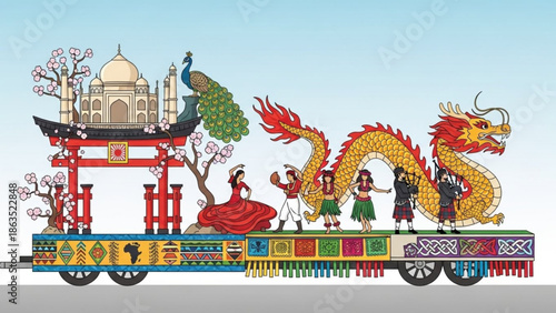 Colorful illustration of traditional asian parade float with dragon, peacock, and cultural figures, blending indian and chinese architectural elements