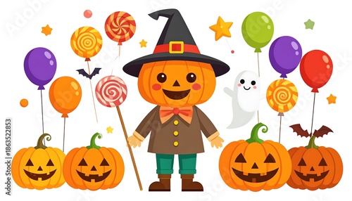 Whimsical Halloween scene featuring a cheerful pumpkin-headed character, grinning pumpkins, balloons, and spooky accents