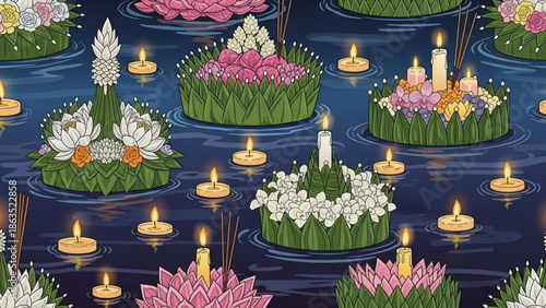Floating candles and flowers on water, serene and peaceful scene with lotus blooms and lit wax candles on green grassy platforms, decorative arrangement for relaxation