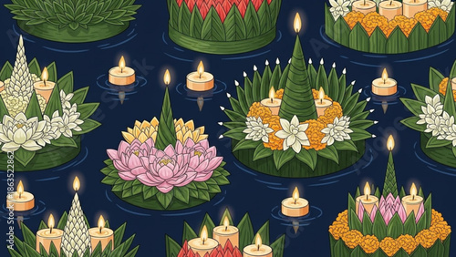 Vibrant floating candles and flowers on water, traditional krathong decorations in various colors and designs, serene peaceful atmosphere, loy krathong festival